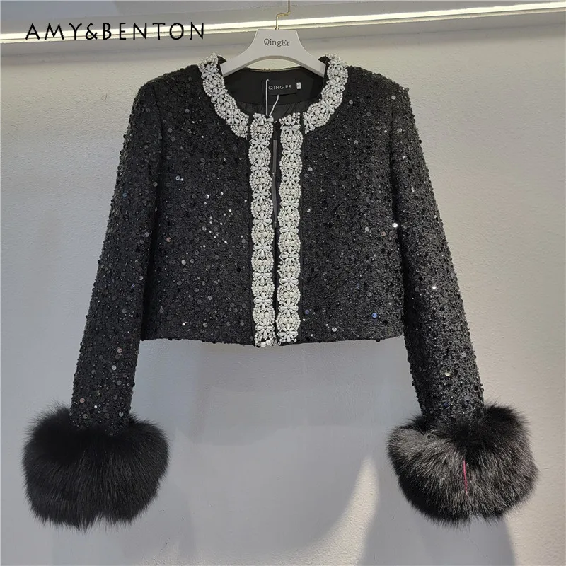 

Autumn Winter Thickened Down Tweed Coat Women Temperament Socialite Bead Round Neck Single-breasted Plush Long-sleeved Jacket