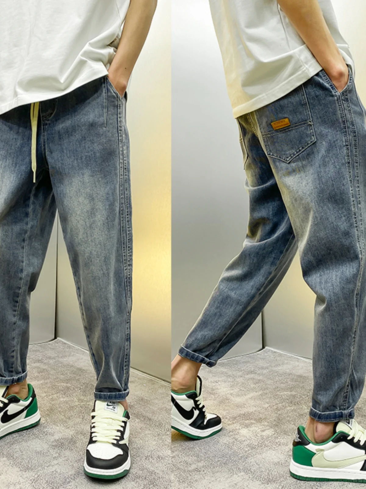 Pantalones Vaqueros Retro Americanos para Hombre, de Marca, a la Moda, de Otoño, Holgados, con Forma de Pepino, Casuales, de Cintura Baja, con Cordón, Populares entre los Jóvenes