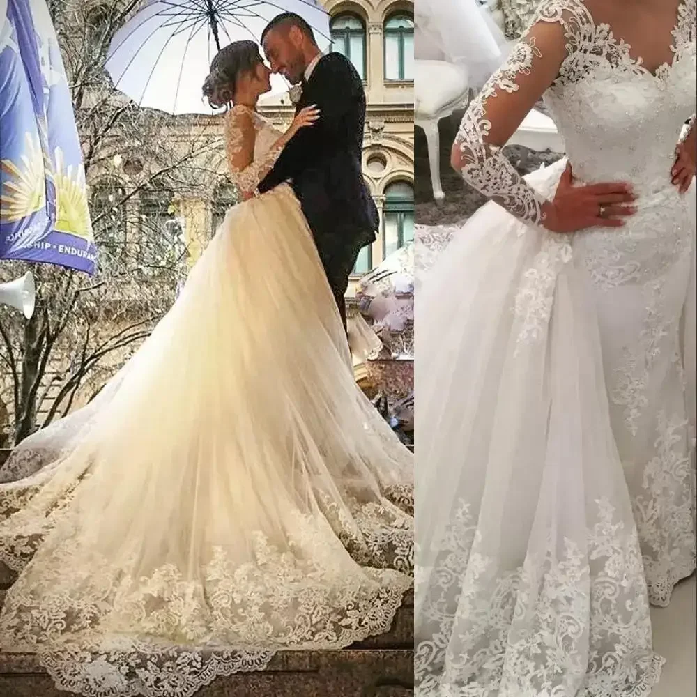 Customized African Mermaid Wedding Dresses V Neck Long Sleeves Illusion Full Lace Applique Overskirts Detachable Train Button Ba