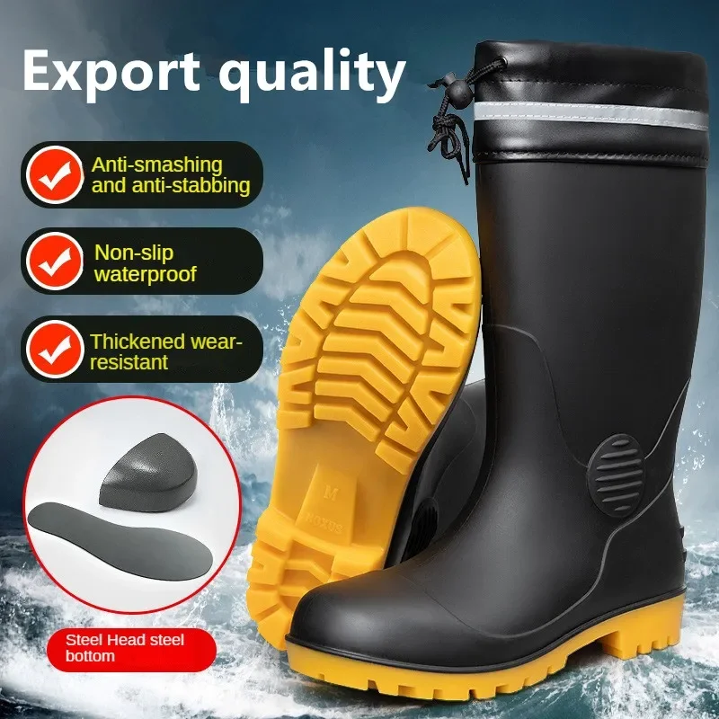 Steel Toe Rain Shoes Anti Impact and Anti Puncture Water Shoes Male Construction Site Anti Slip Fishing Shoes Cow Tendon Sole