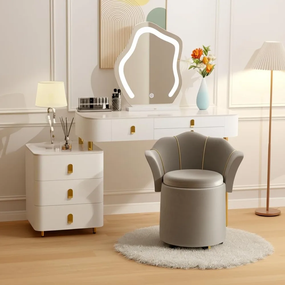 

elegant wooden makeup vanity desk with 3-color lighting and 6 drawers, marble top dressing table with side storage cabinet