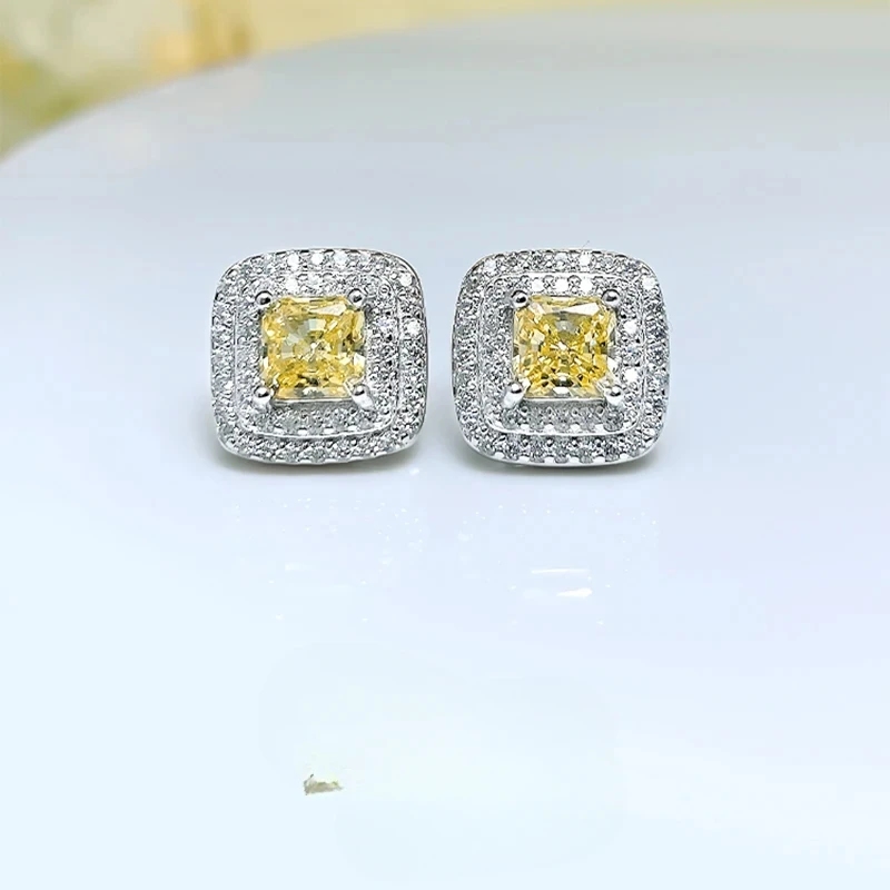 

Light Luxury Yellow Diamond Princess 925 Pure Silver Earrings Imported High Carbon Diamond Simple Daily Wedding Jewelry