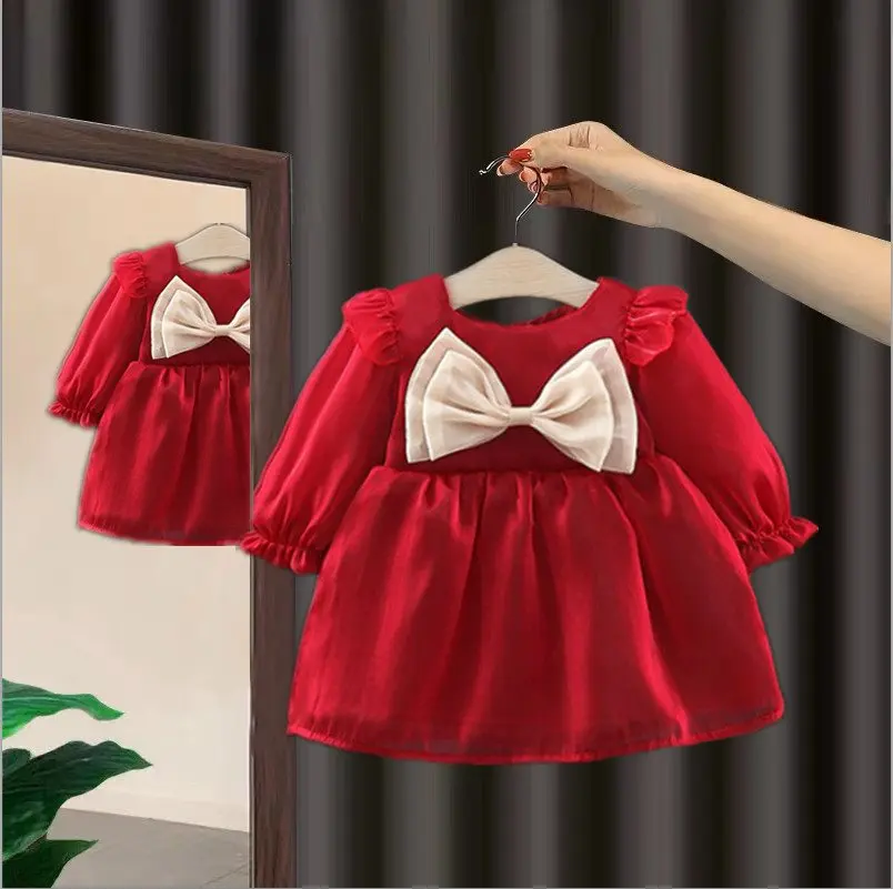 Spring and Autumn Christmas Baby Girl Long Sleeve Dress Girls\' Color blocked Bow Solid Color Princess Dress 0-3 Years Old