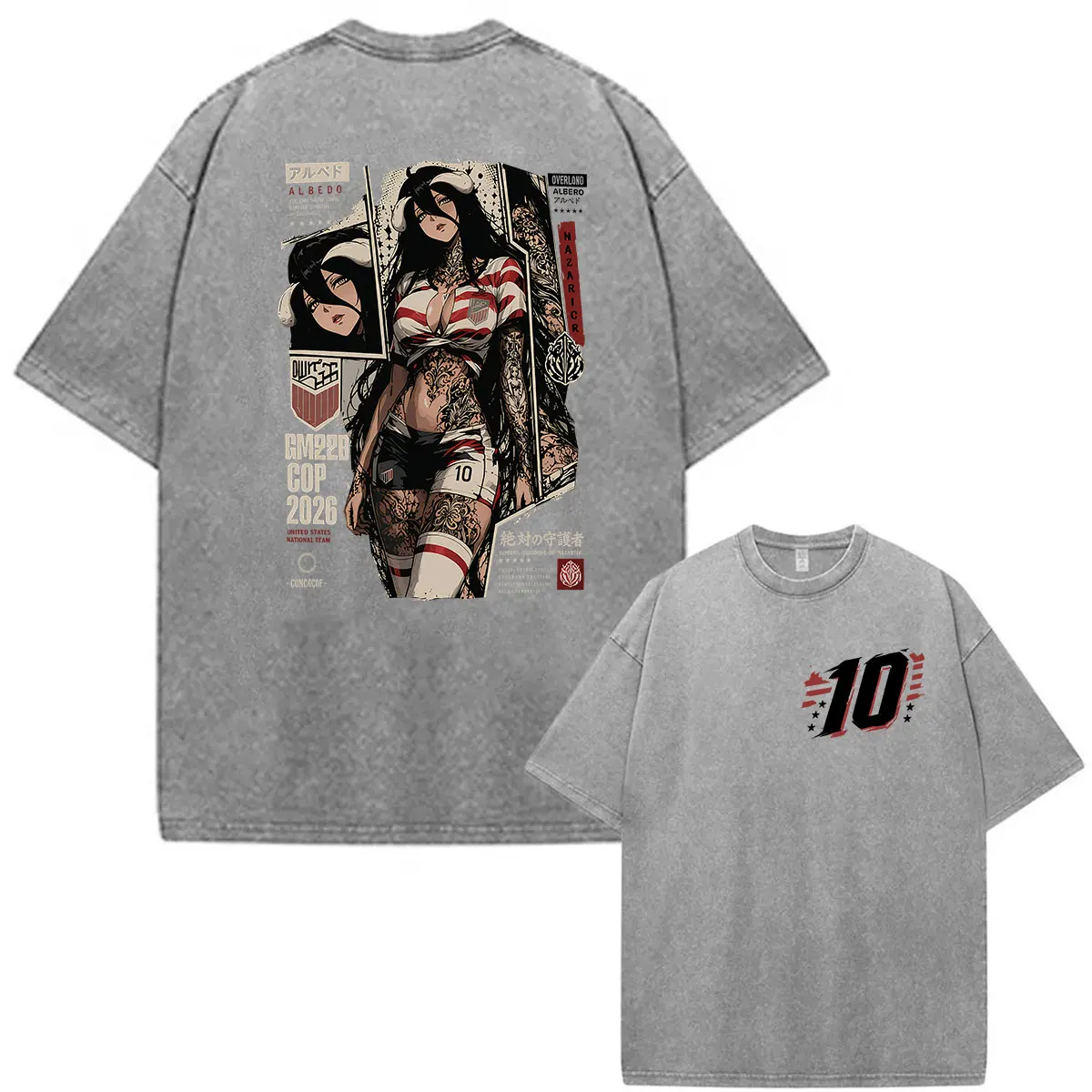 Japanisches Anime Albedo Overlord Vintage Washed T-Shirt für Männer und Frauen, Harajuku Oversized Baumwoll-T-Shirt, Modische Manga-Kleidung – Detail 6