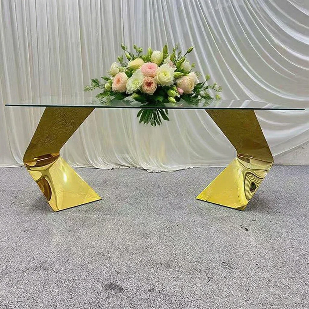 

FSDKX Modern Gold Stainless Steel Mirror Glass Dining Table for Events and Banquets Wedding Rental Furniture