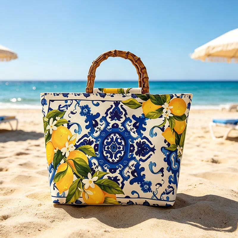 Blue and White Porcelain Pattern Lemon Floral Print Faux Bamboo Handle Women's Tote Bag, Faux Bamboo Large-Capacity Beach Bag