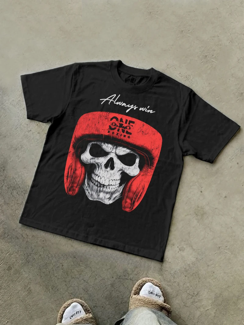 

Big Head Skull Boxing Graphic Cotton T-shirt Men Fashion Round Neck Short Sleeved Women American Street Y2K Top