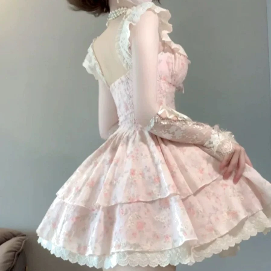 Vestido lolita vintage feminino, renda, patchwork, doce, princesa, babado, cintura alta, em camadas, moda coreana, vestido elegante