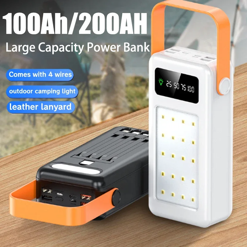 200Ah 100Ah Large Power Bank 120W Fast Charging with 4 Built-in Cables Portable Charger External Battery for iPhone