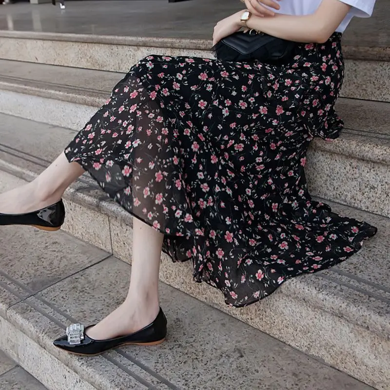 Elegant Vintage Women Floral Chiffon Midi Skirt Koreon Fashion New High Waist Y2k Irregular Ruffles Spring Summer Casual Skirts