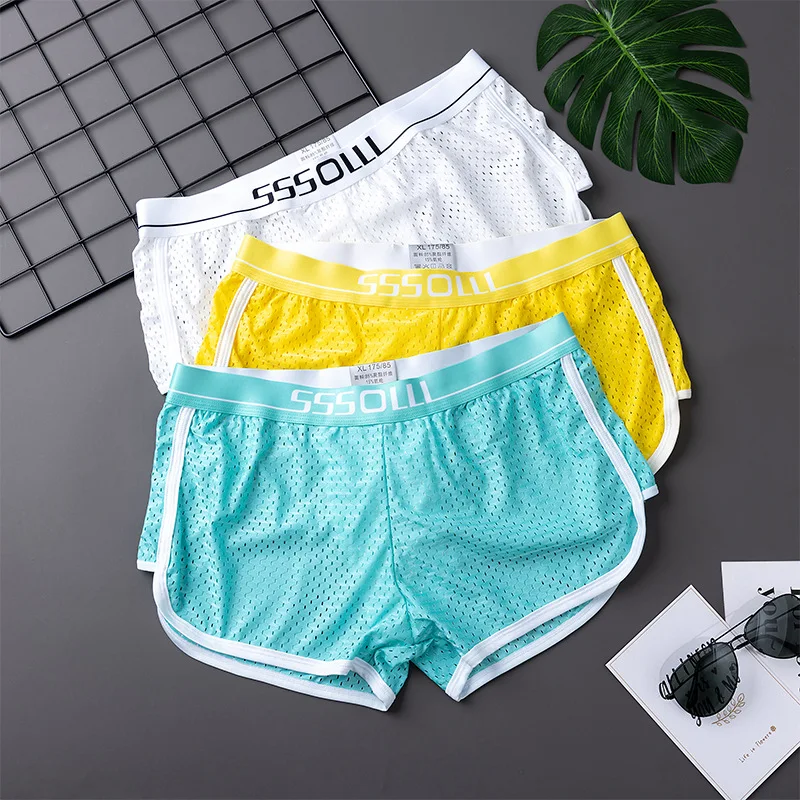 Mens Arrow Shorts Mesh Hollow Breathable Underwear Double Layered U Convex Pouch Boxers Elastic Sleep Bottoms Swimwear Trunks