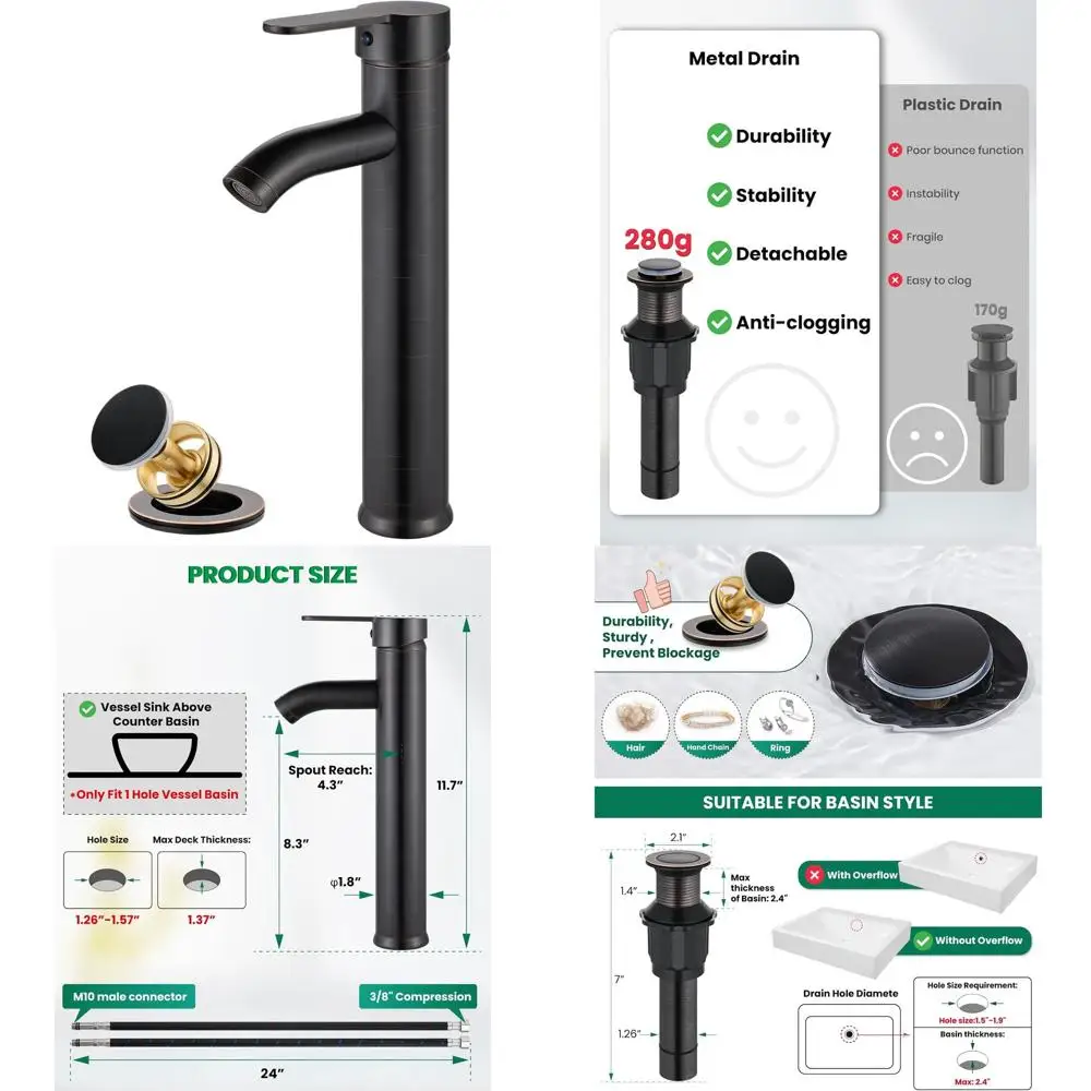 

Modern Tall Single Handle Stainless Steel Bathroom Sink Faucet with Oil Rubbed Bronze Finish, Includes Supply Lines & Metal Pop-