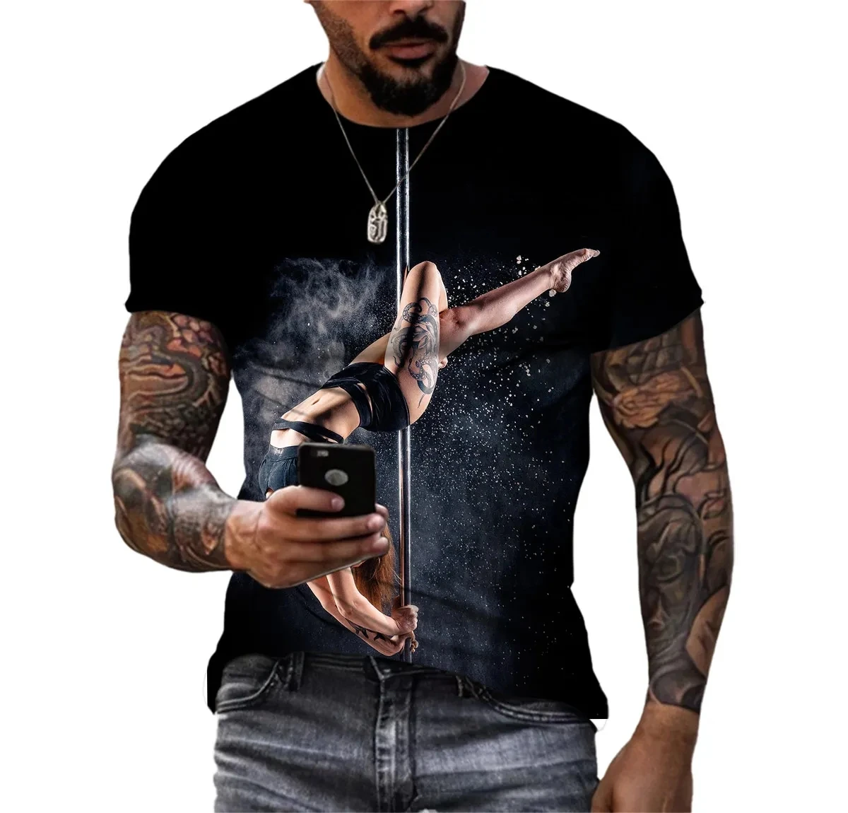 Fashionable and Lnteresting  Pole Dancing Pictures For Men\'s T-Shirts Trend Digital Printing Casual Round Neck Short Sleeved Top