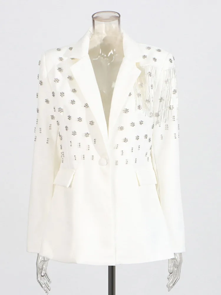 ZMEENNA 2025 春の新作レディースブラックブレザーラインストーン花装飾とフリンジディテールシングルブレスト ZM703