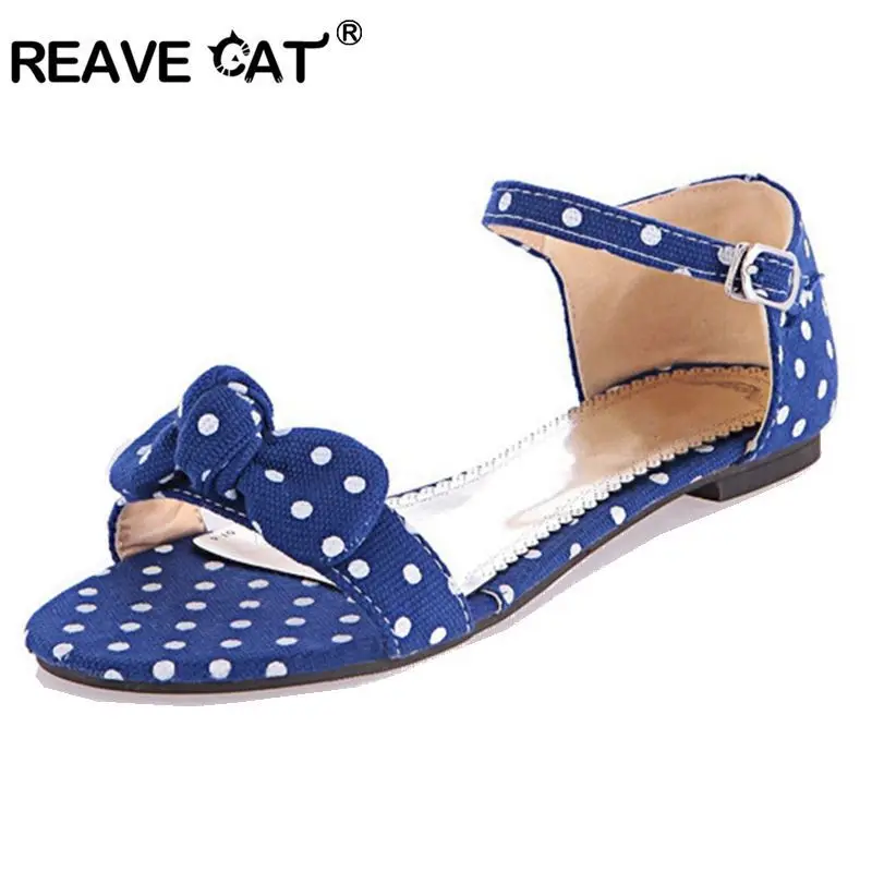 REAVE CAT Big Size 34-43 Sweet Polka Bow shoes Transpierce Gentlewomen Brief Hasp flat-bottomed Female Sandals  Summer flat