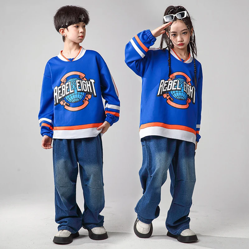 

Fashion Kids Group Kpop Stage Outfit Blue Sweatshirt Jogger Pants For Girls Jazz Dance Costumes Boys Hip Hop Clothing SL11125