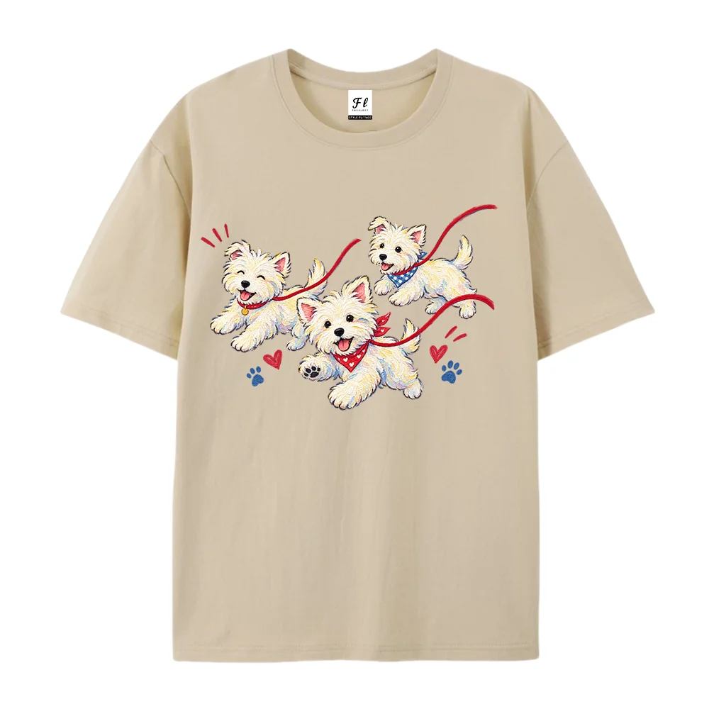 Women T-shirt Summer Casual Loose Short Sleeve Cute Cartoon West Highland White Terrier Dog Print O-Neck Oversized Tee Tops