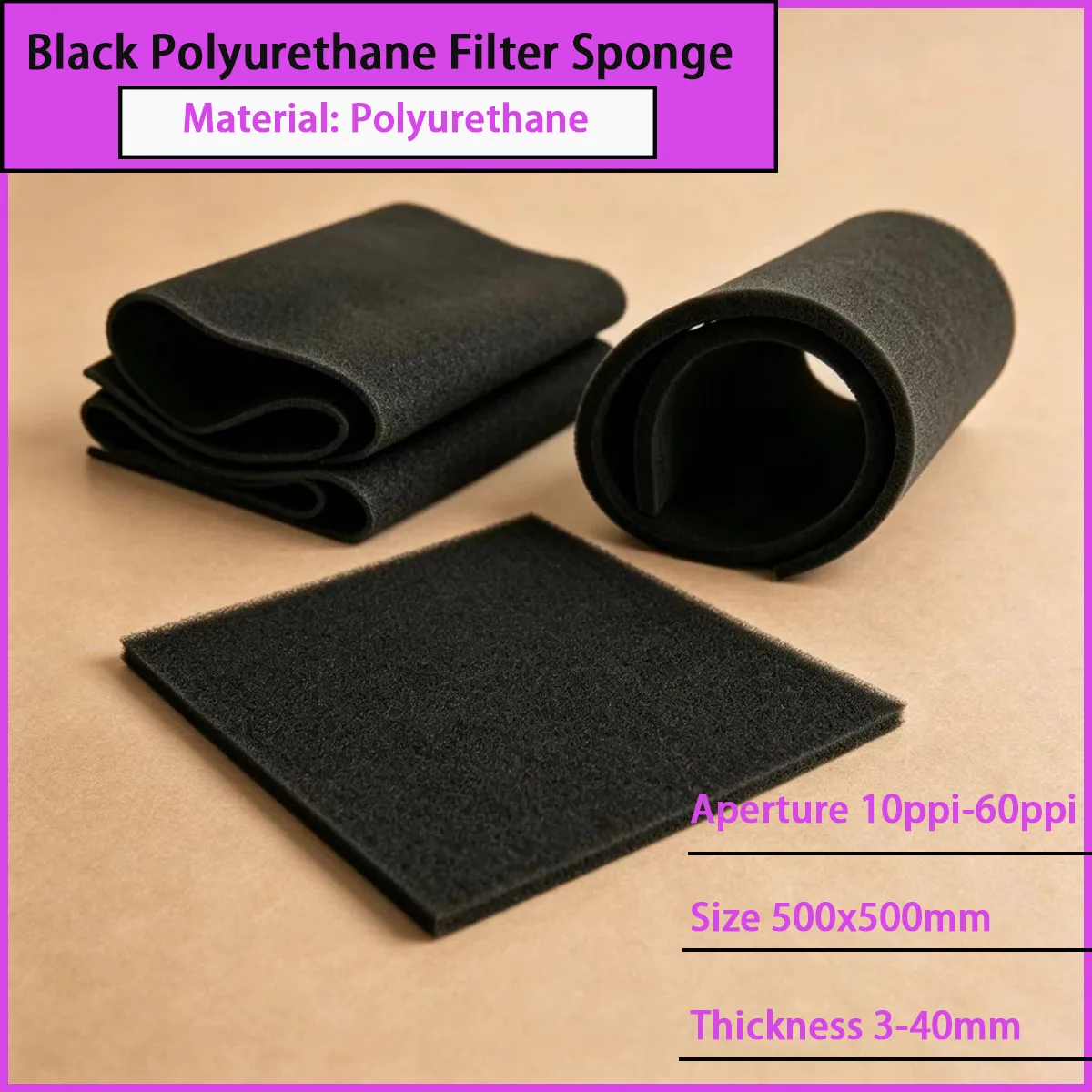 

Black polyurethane filter sponge with a pore size of 10ppi-60ppi is used for aquarium filtration, fan dust prevention, etc
