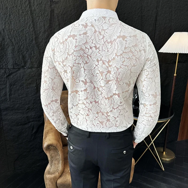 Men\'s Mesh See Through Flower Lace Sheer Shirt Long Sleeve Sexy Clubwear Dress Shirts Party Event Prom Transparent Chemise Homme