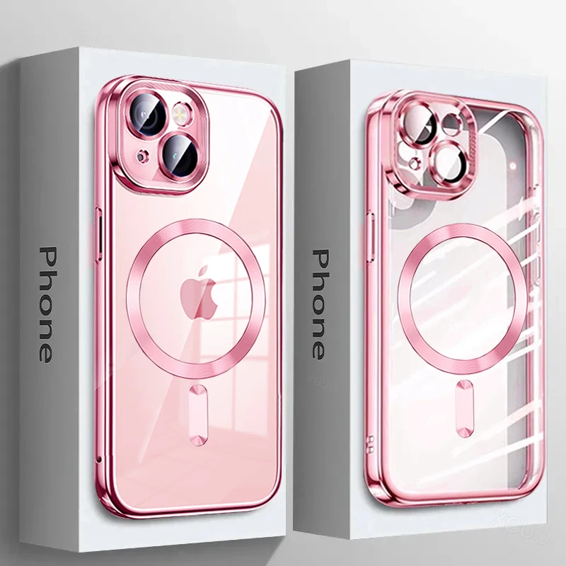 Luxury Plating Pink Clear Magnetic Wireless Charging Case For iPhone 15 14 13 12 11 Pro Max Plus Soft TPU Camera Protector Cover