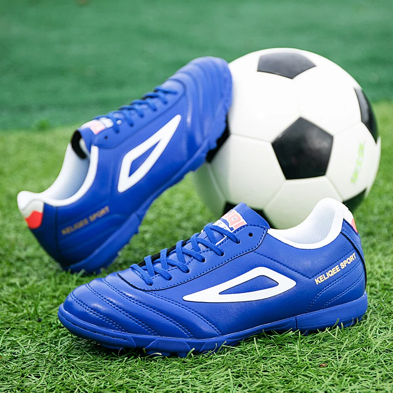 

High-Quality Men's Blue Soccer Shoes Comfortable Leather Futsal Sneakers Men Women Low Non-Slip Football Trainers For Teenagers