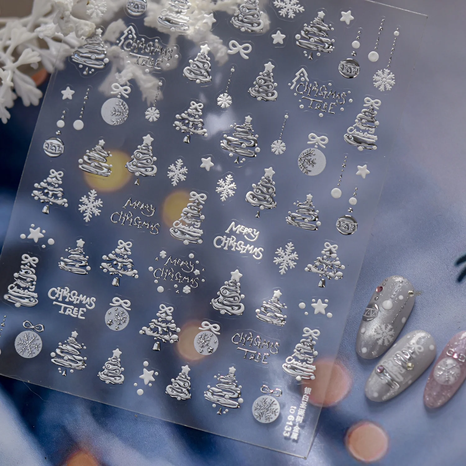 Holiday 5D Nail Stickers Silver Metal Christmas Elements Tree Snowflake Star Bead Chain Bells MERRY CHRISTMAS Nail Art Supplies