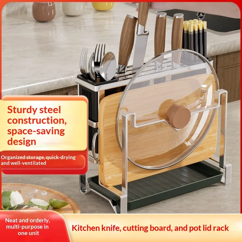 Stainless Steel Kitchen Knife Holder Cutting Board Storage Rack Chopsticks Cage Integrated Knife Rack for Kitchen Countertop