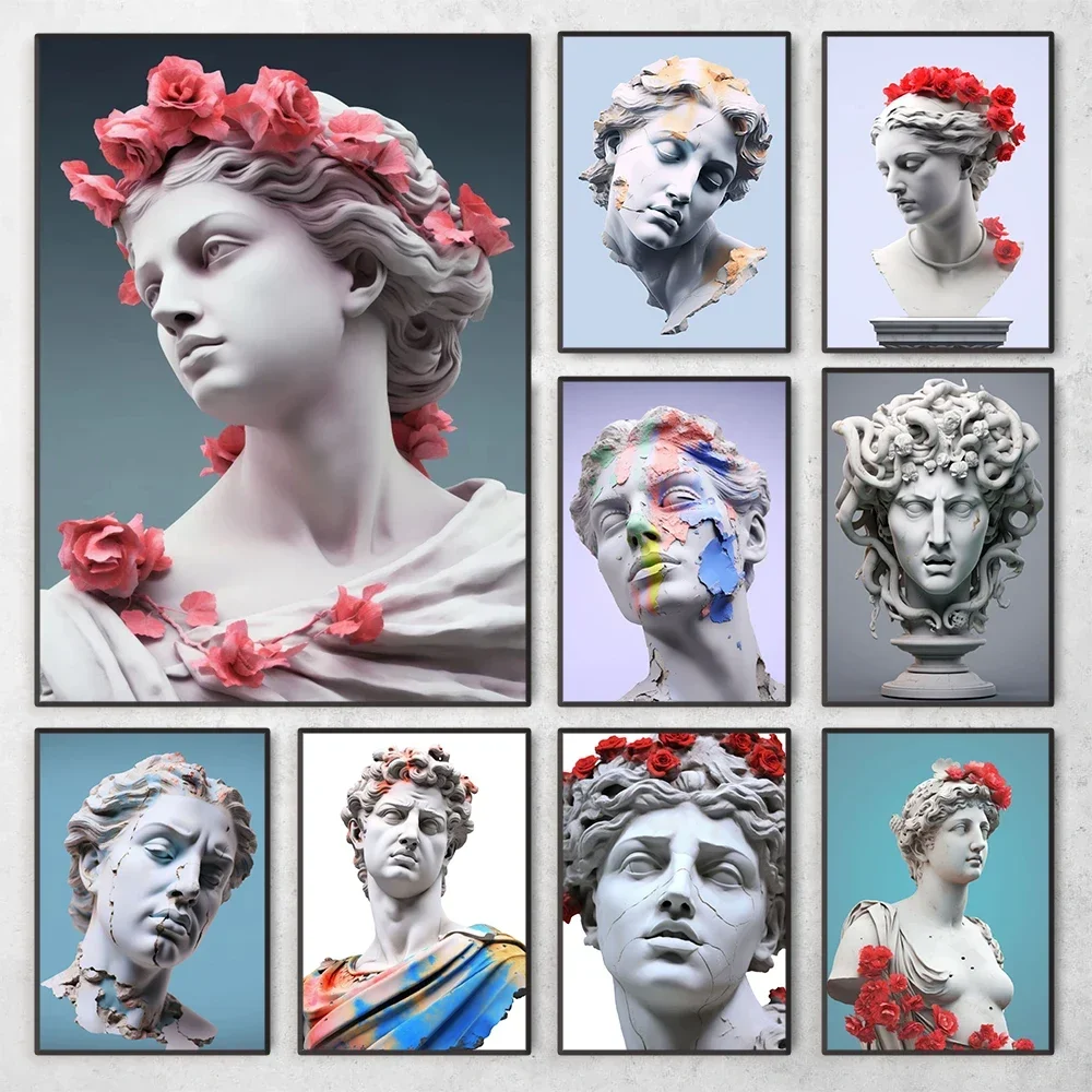 الرخام الفن تمثال المشارك الرخام ميدوسا ديفيد رئيس الورود حائط لوح رسم الفن لغرفة المعيشة الحديثة ديكور المنزل مورا
