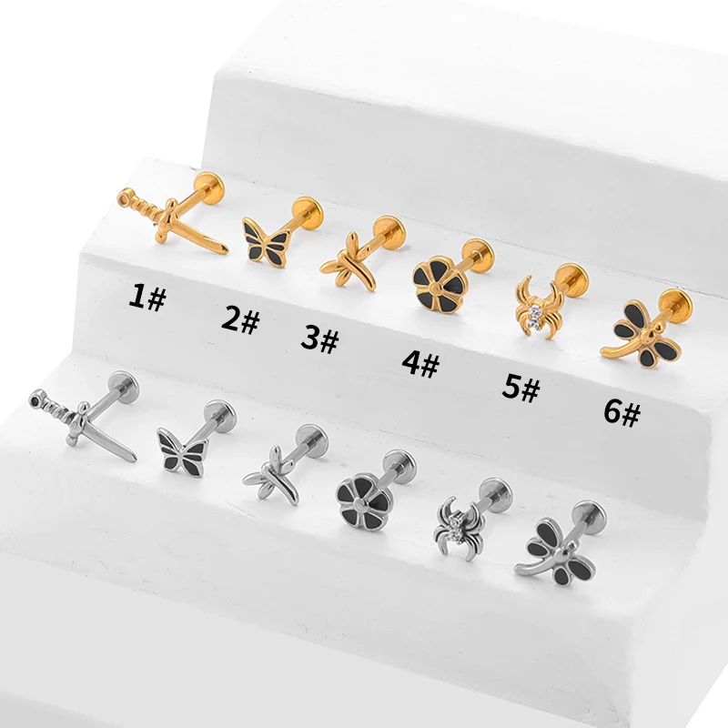 1PC Dragonfly Zircon Monroe Cartilage Medusa Back Piercing Internally Threaded Cluster Earring Lip Stud Ring Surgical Steel