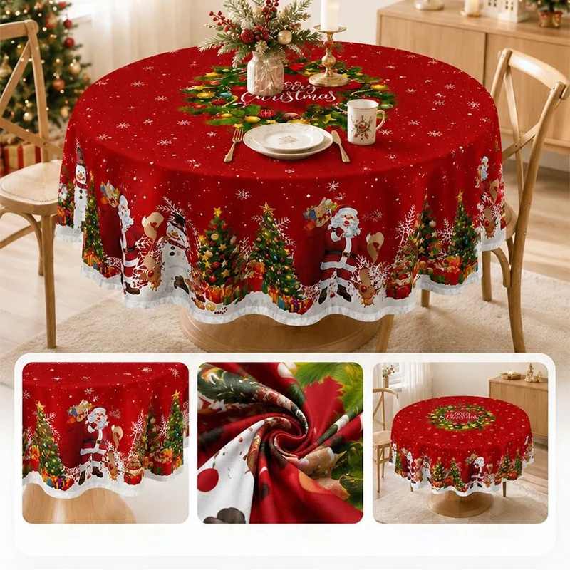 Christmas Circular Tablecloth Printed With Santa Claus Snowman Table Cover High-end Dining Table Mat Christmas Home Decoration