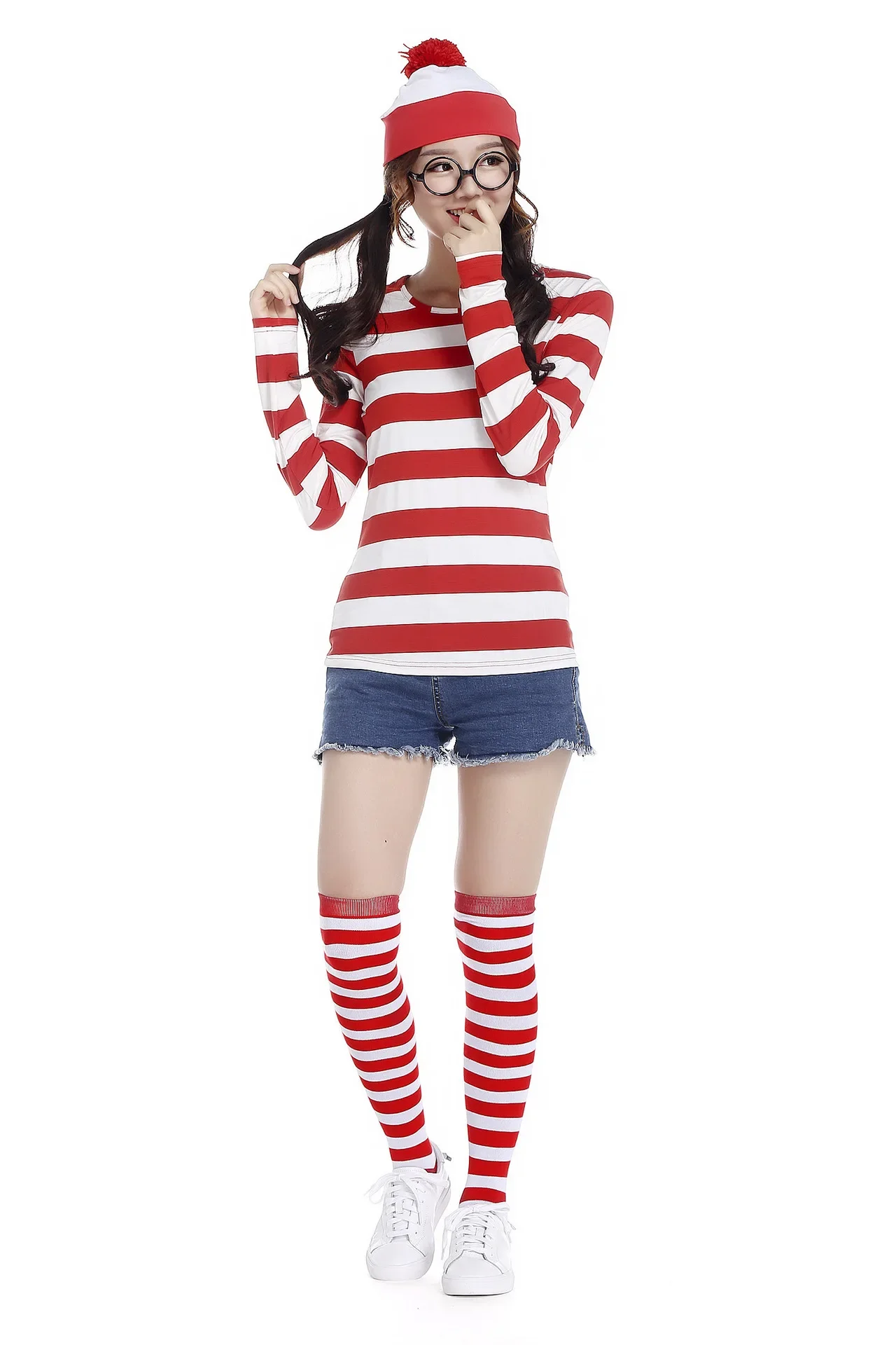 Parent-child Halloween Wheres Wally Costume Cosplay Christmas Striped T-Shirt Hat Glasses Socks Suit for Kids Adult