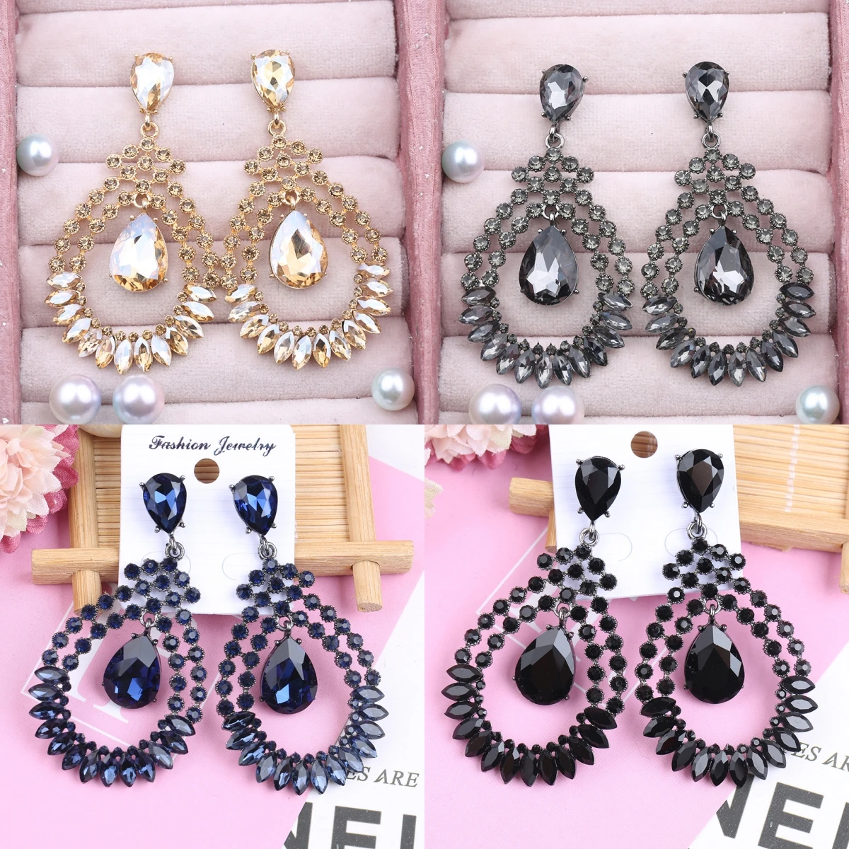 Trendy Jewelry Accessories Bridal Long Blue Gray Black Champagne Crystal Rhinestone Chandelier Drop Earrings for Women