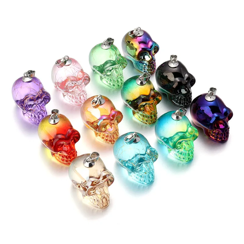

1Pcs/Lot Lampwork Glass Skull Charms Colorful Pendants With Silver Gold Buckle For DIY Craft Ornament Making Finding Accessories