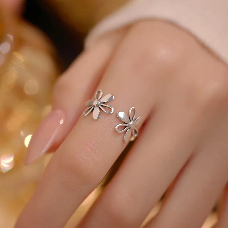 925 Sterling Silver Rings For Women Geometric Fine Jewelry Finger Adjustable Simple Vintage FLower Ring For Party Birthday Gift