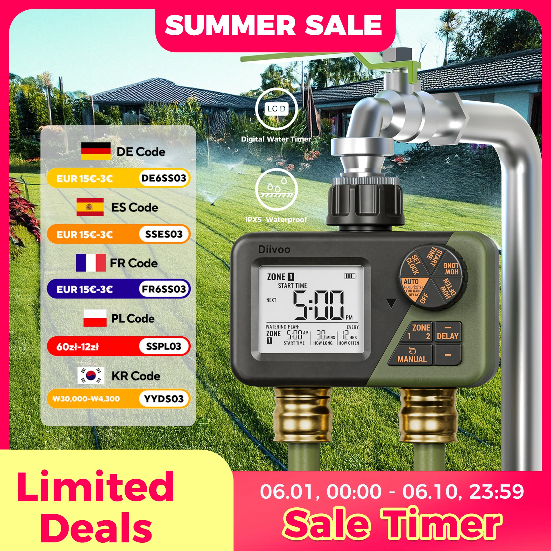 Diivoo Garden Water Timer 2 Outlets IPX5 Waterproof Multi-Functional Automatic Irrigation Timer with Rain Delay/Manual/Auto Mode