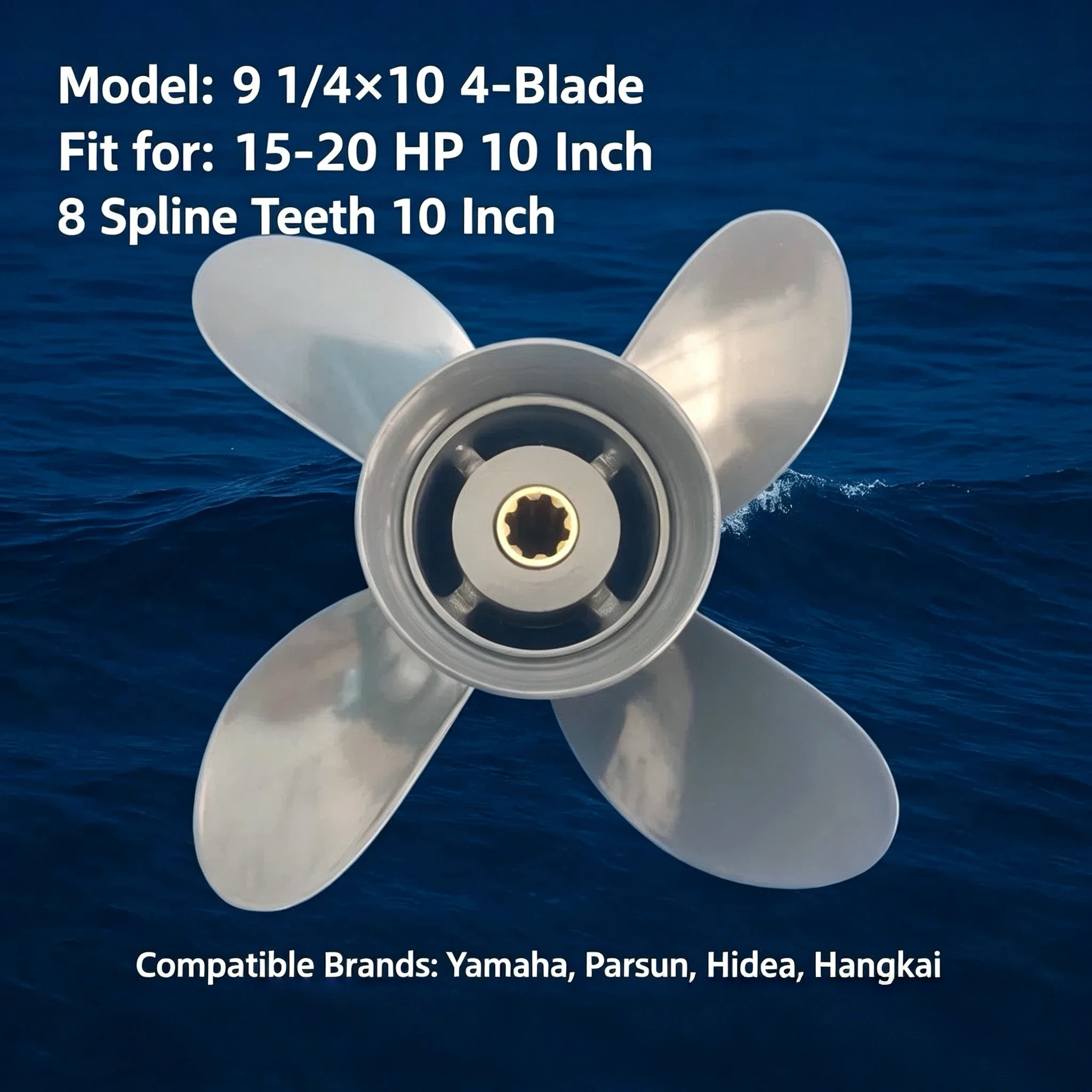 10 Inch 8-Tooth 4-Blade Outboard Propeller, Fits Yamaha, Honda, Baisheng, Haidi, Haikai 15-20 HP