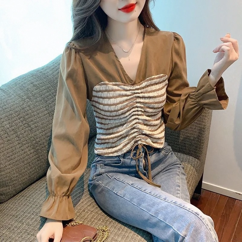 

Милые модные осенние поддельные рубашки из двух предметов, женские рубашки с v-образным вырезом в полоску и завязками в стиле пэчворк, темпераментные шикарные топы с короткими рукавами