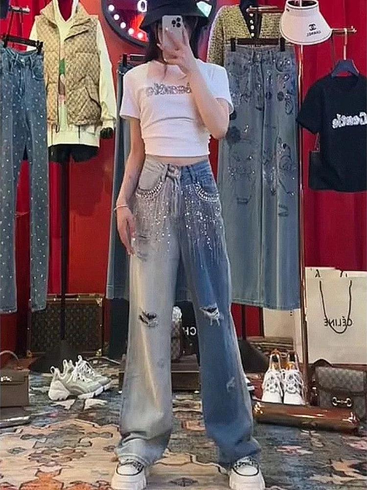 

Женские джинсы из плотного денима с декоративной отделкой, с высокой талией, свободного прямого кроя, в пол, летняя модная тенденция, с дизайнерскими прорезями