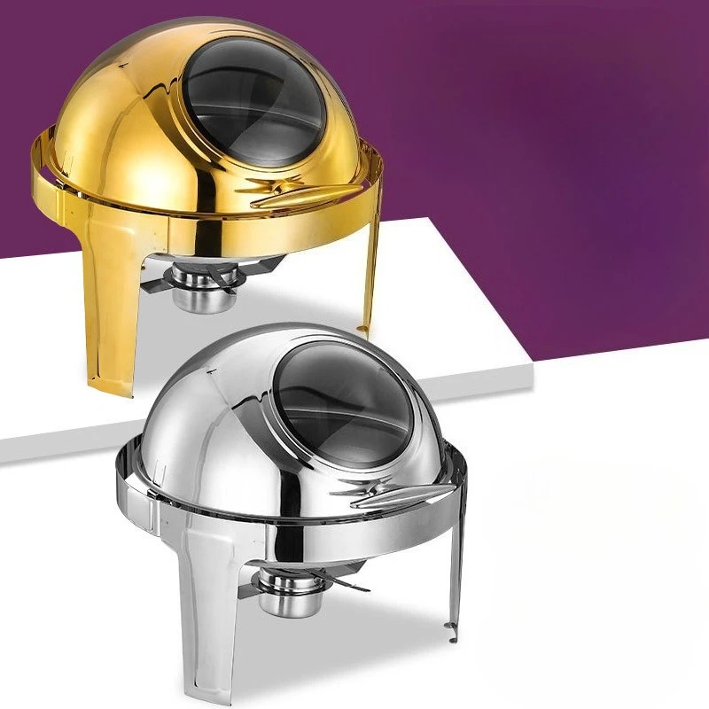 Round Glass View Electric Chafing Dish, Stainless Steel Full Flip Buffet Food Warmer for Hotel Catering