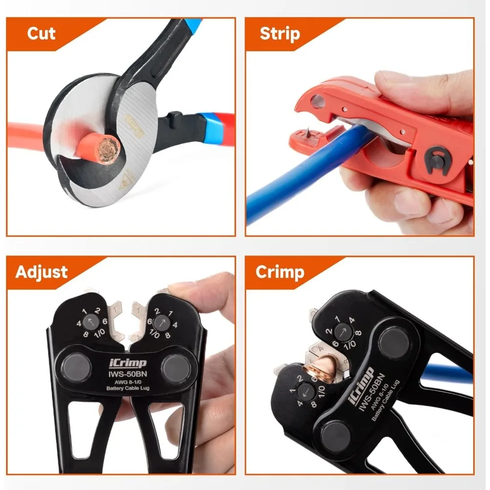 Battery Cable Lug Crimping Tool Kit with Copper Lugs & Heat Shrink Tubes for AWG 8-1/0