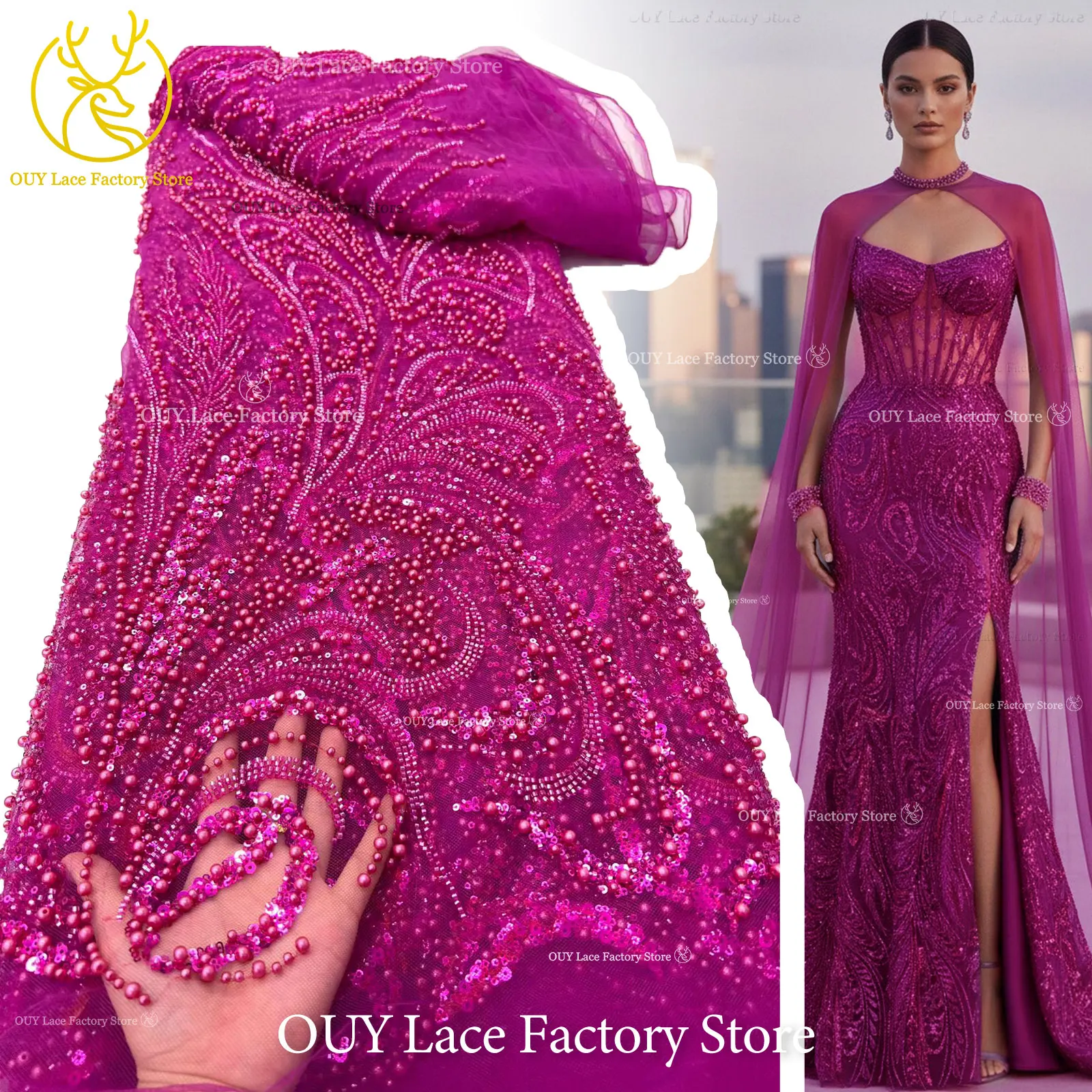 Rose Red African Groom Beaded Lace Fabric 5 Yards High Quality Elegant Sequins Lace Fabric Bridal Wedding Evening Dress Fabric