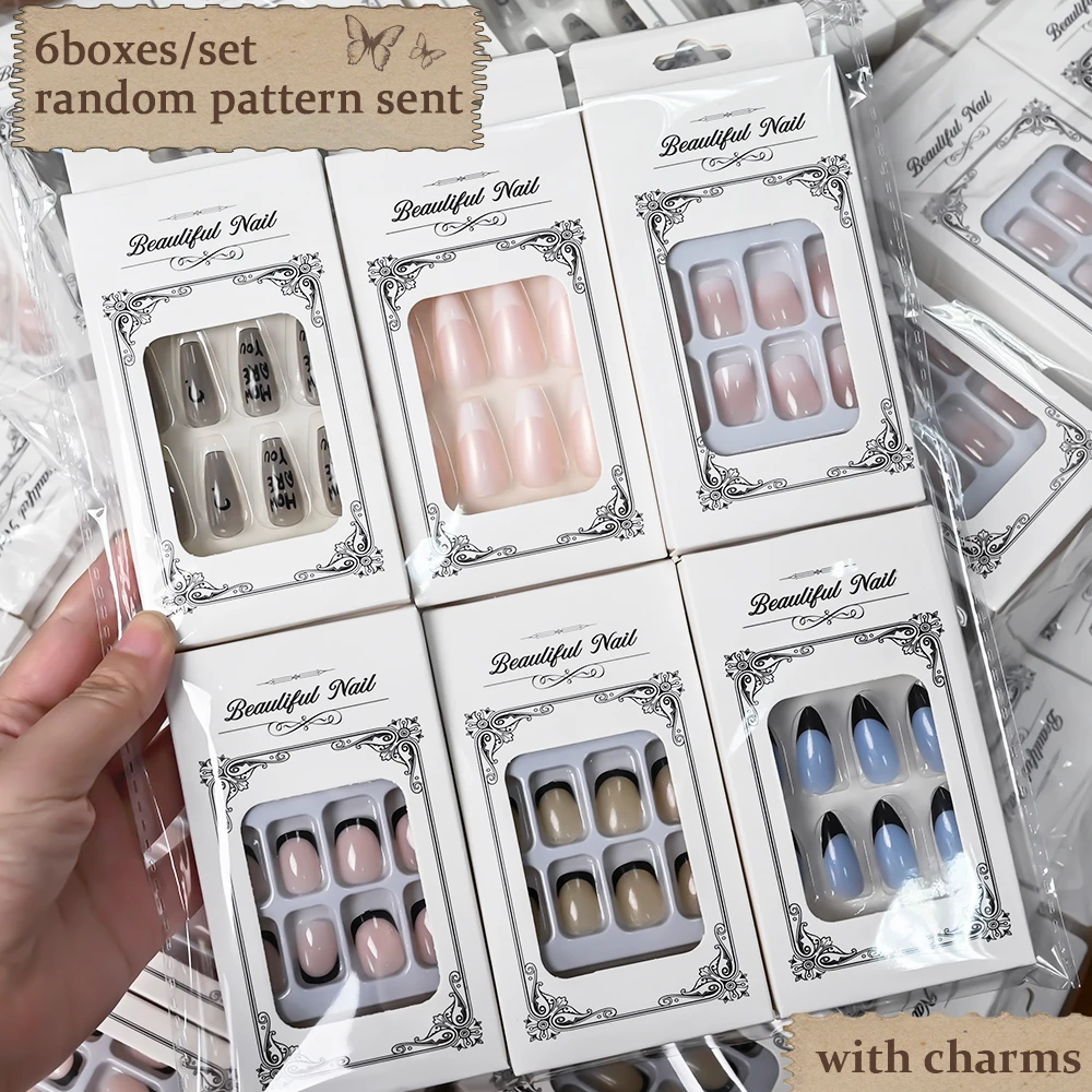 6Boxes Random Mix Style Press On Nails Short Square Medium Almond Full Cover False Nails Artificial Fake Nails Tips DIY Manicure