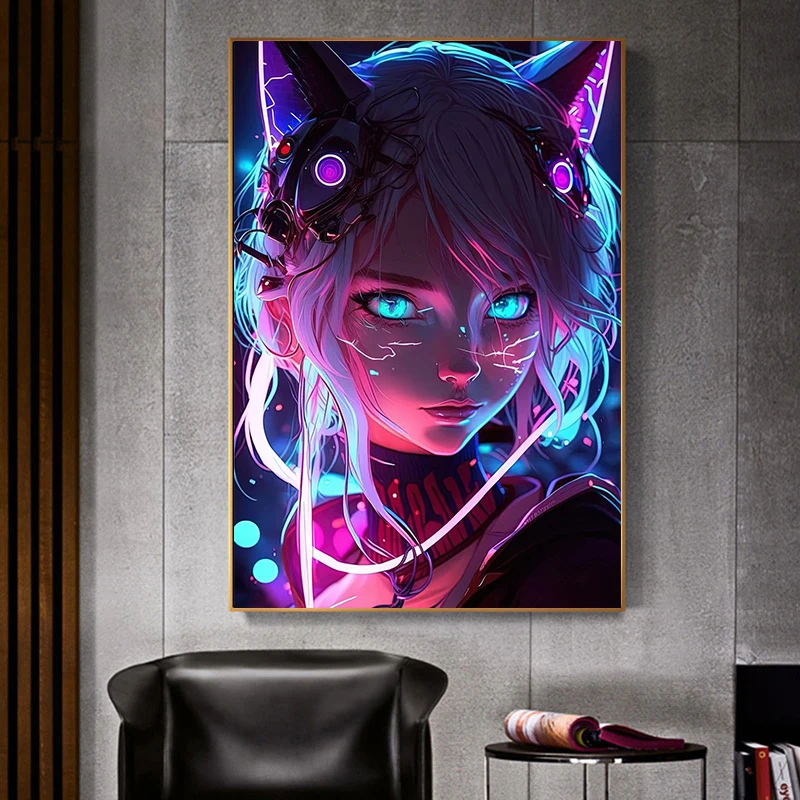 Anime Girl Beast Manga Neon Lit Creature Poster Print Wall Art Pictures Canvas Painting Living Room Bedroom Home Decor Gift