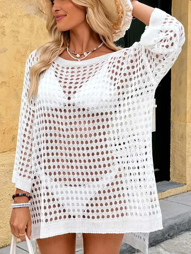 Sexy Frauen Solide O Neck Cove Up Langarm Hohl Dame Strand Kleid Weibliche Lose Brasilianische Badeanzug Abdeckung-Ups