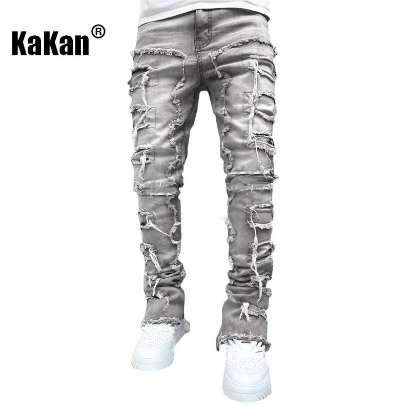 Kakan - New Men's Elastic Patch Jeans, Y2k Clothes Street Fashion Straight Leg Pants Long Jeans Jeans Man Brand