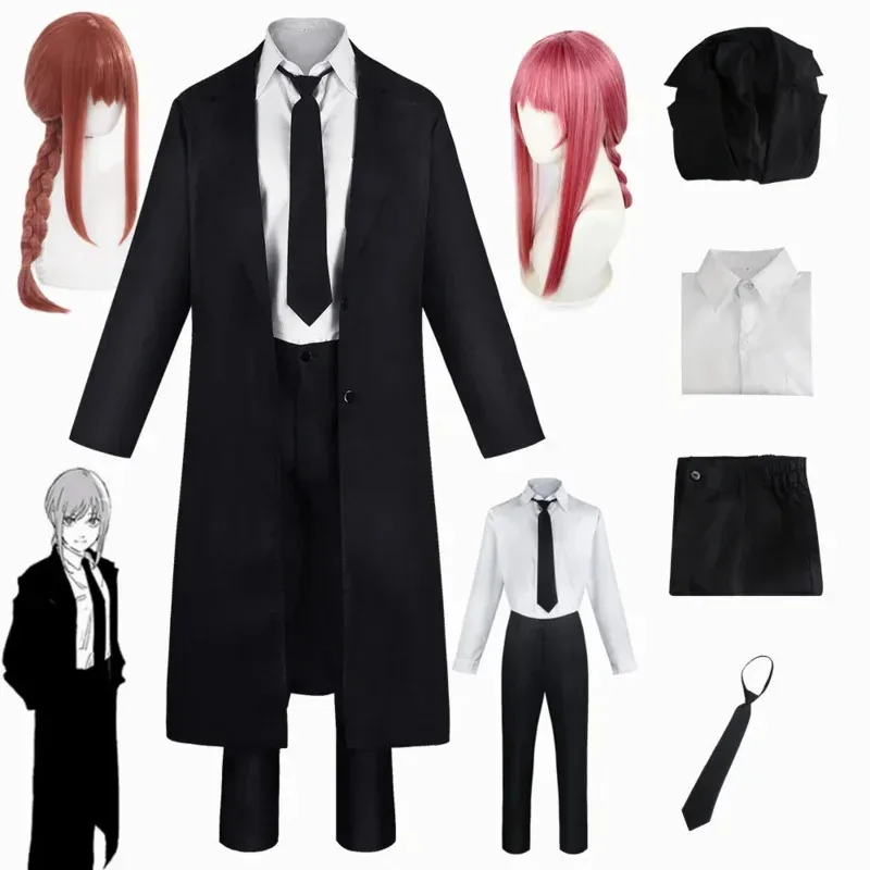Disfraz de motosierra de Anime para hombre, disfraz de Makila, gabardina negra, corbata, pantalones, peluca Makila, trenza larga roja clara, traje para hombre y mujer, uniforme khj