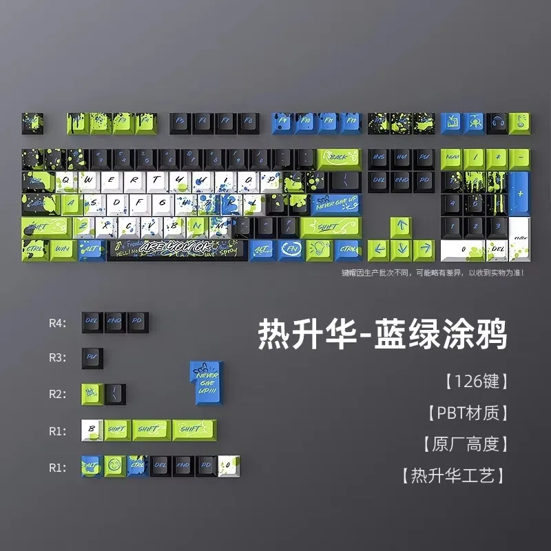 

Five-sided original PBT sublimation theme mechanical keyboard keycap graffiti blue-green customized keycaps small full set