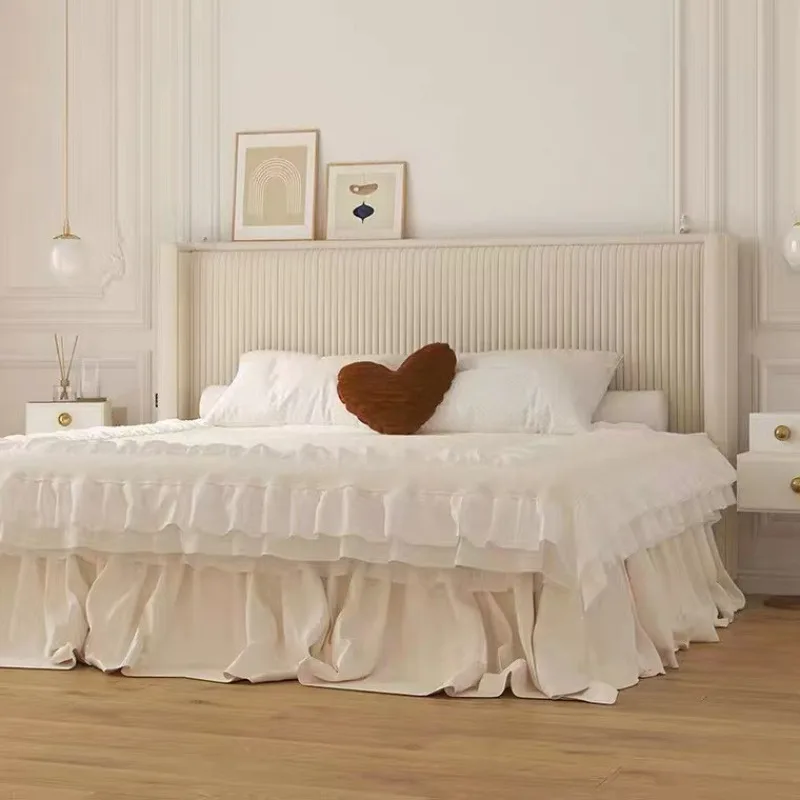 Simple and modern Nordic fabric 1.8m double bed, model room French light luxury, velvet cream white pleated wedding bed