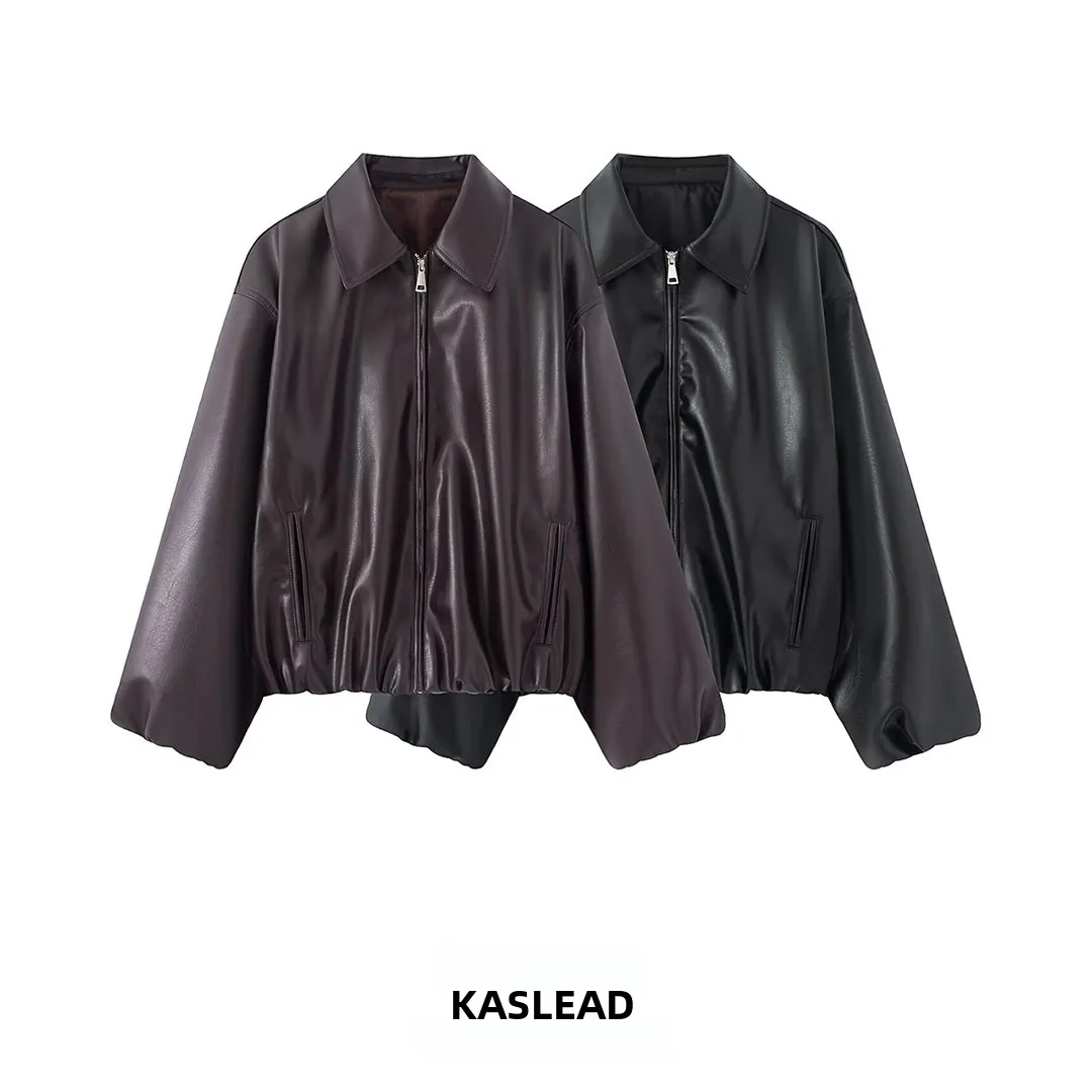 KASLEAD New Women's Casual Loose Long Sleeve Leather Jacket Versatile Outerwear Polyester Fiber Zipper Short Style