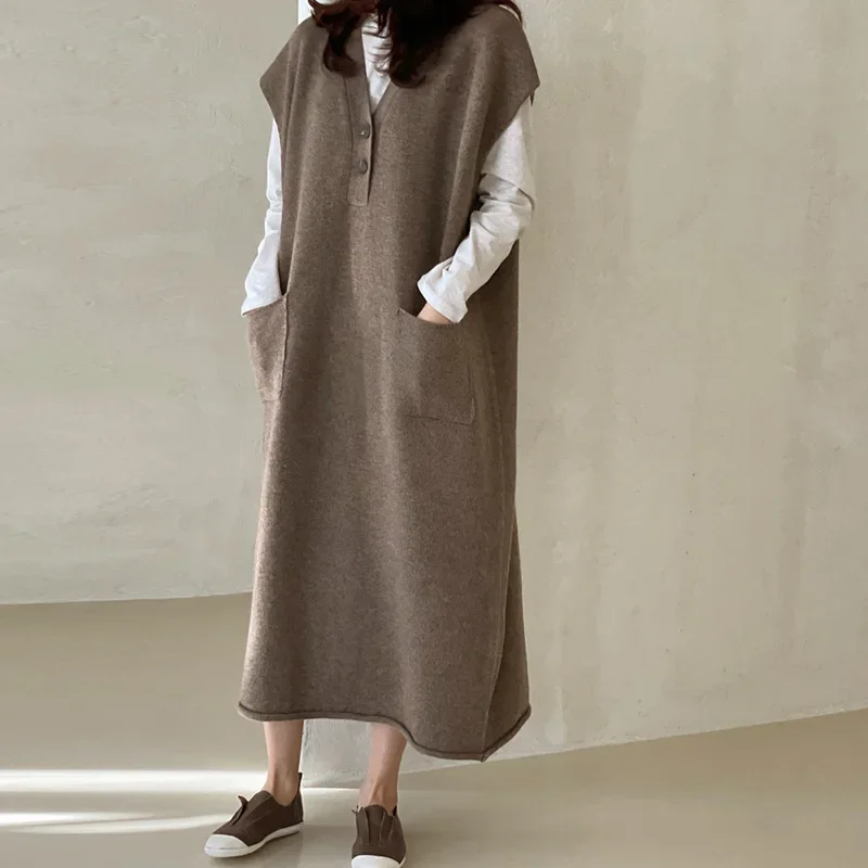 

2024 New Lazy Style Loose-fitting Long V-neck Sweater Dress for Women Versatile Single-breasted Knit Vest Dress